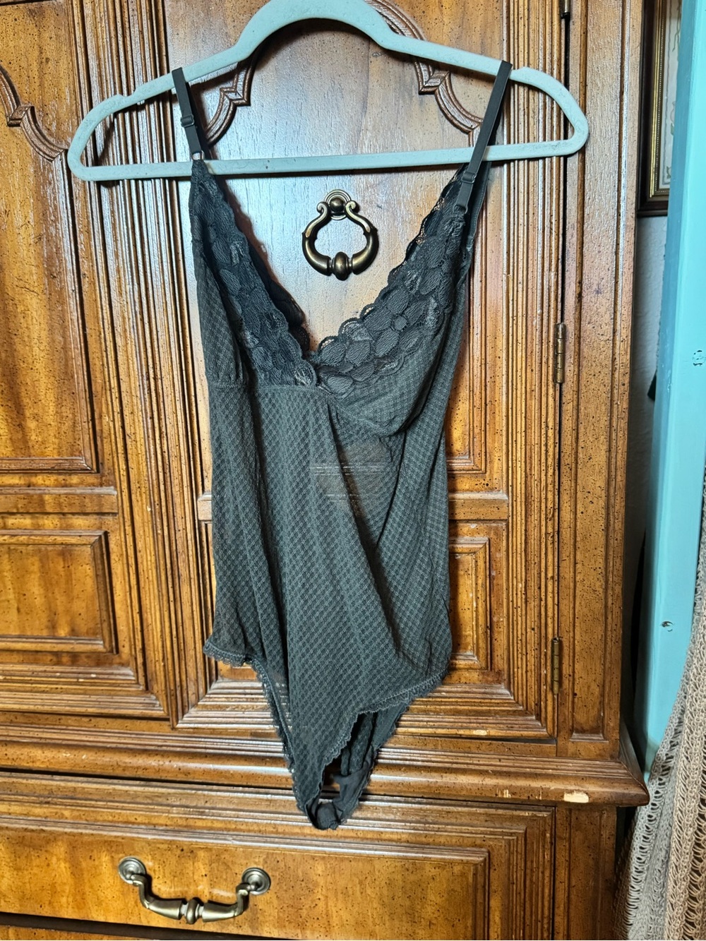 Aerie Lace-Trim Scoop Neck Bodysuit - Gray Sz Large